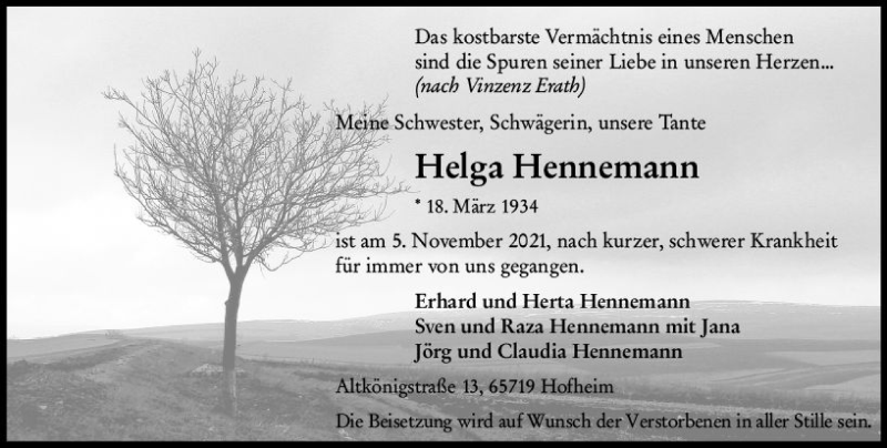  Traueranzeige für Helge Hennemann vom 12.11.2021 aus vrm-trauer