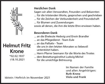 Traueranzeige von Helmut Fritz Krone von vrm-trauer