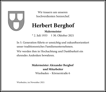 Traueranzeige von Herbert Berghof von vrm-trauer
