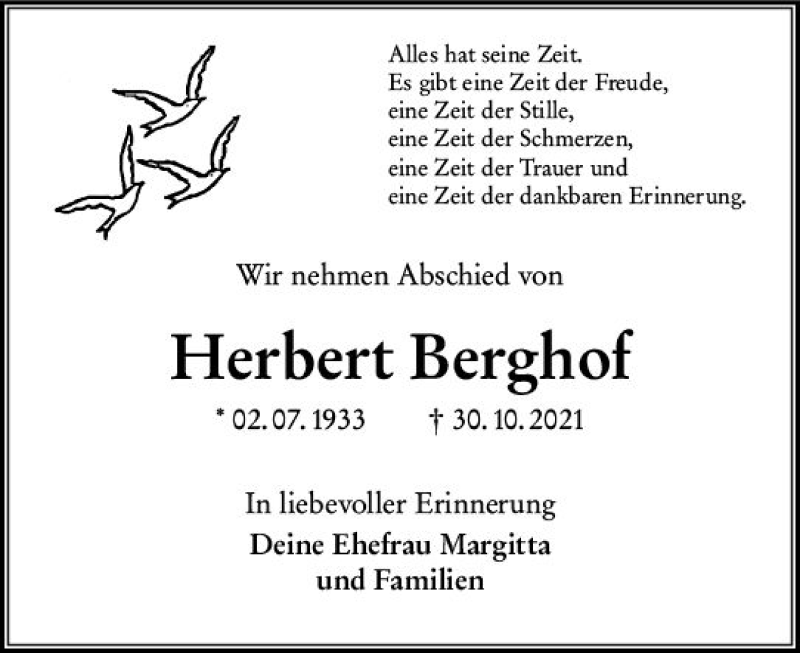  Traueranzeige für Herbert Berghof vom 13.11.2021 aus vrm-trauer