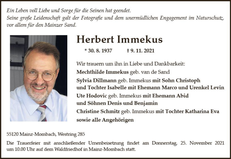  Traueranzeige für Herbert Immekus vom 20.11.2021 aus vrm-trauer