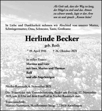 Traueranzeige von Herlinde Becker von vrm-trauer