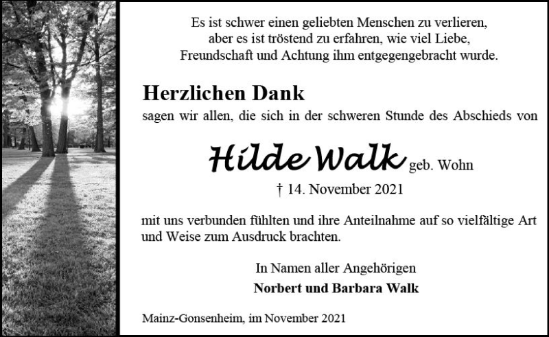  Traueranzeige für Hilde Walk vom 27.11.2021 aus vrm-trauer