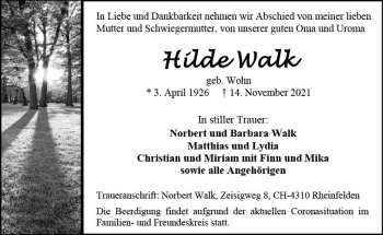 Traueranzeige von Hilde Walk von vrm-trauer