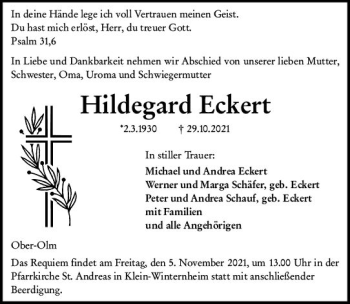 Traueranzeige von Hildegard Eckert von vrm-trauer