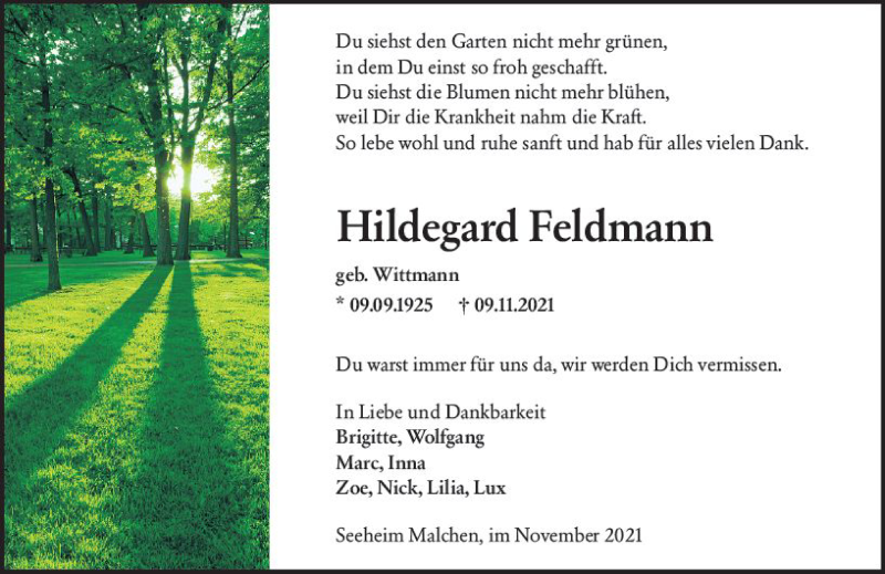  Traueranzeige für Hildegard Feldmann vom 13.11.2021 aus vrm-trauer