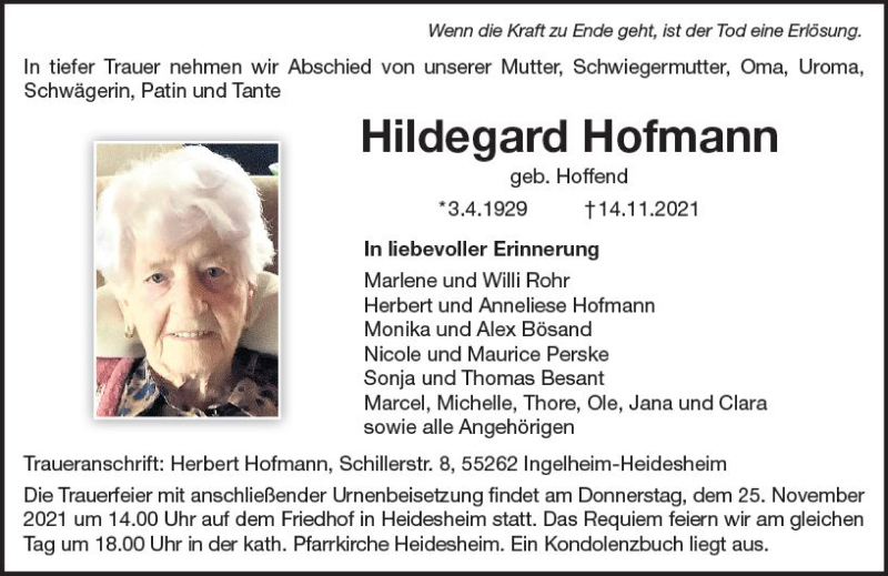  Traueranzeige für Hildegard Hofmann vom 20.11.2021 aus vrm-trauer