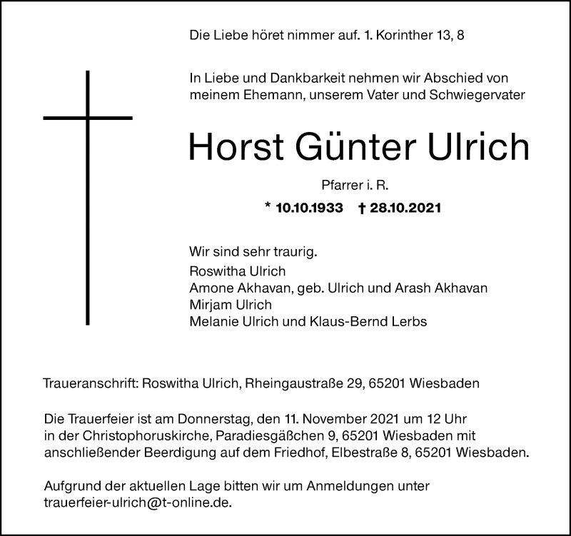  Traueranzeige für Horst Günter Ulrich vom 06.11.2021 aus vrm-trauer