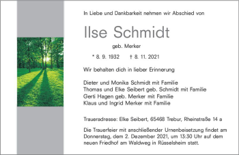 Traueranzeige von Ilse Schmidt von vrm-trauer