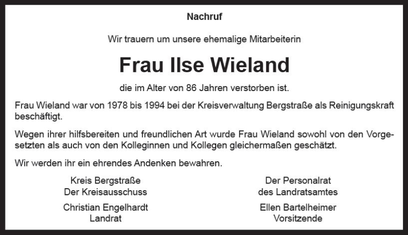  Traueranzeige für Ilse Wieland vom 12.11.2021 aus vrm-trauer