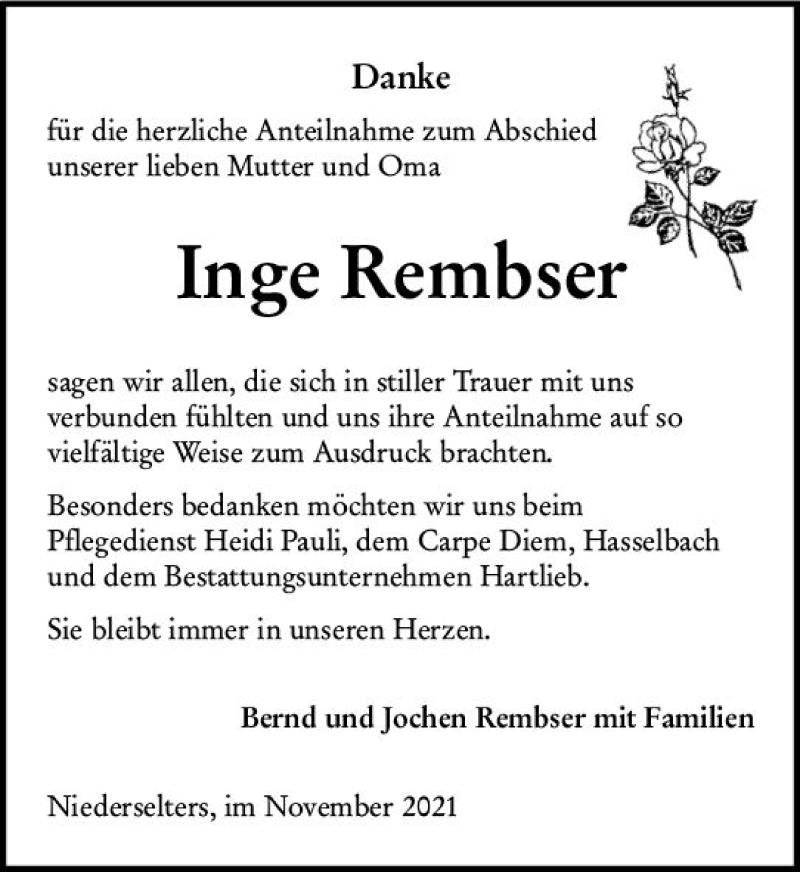 Traueranzeige für Inge Rembser vom 25.11.2021 aus  Camberger Anzeiger