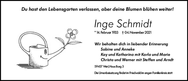  Traueranzeige für Inge Schmidt vom 09.11.2021 aus vrm-trauer