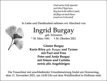 Traueranzeige von Ingrid Burgay von vrm-trauer