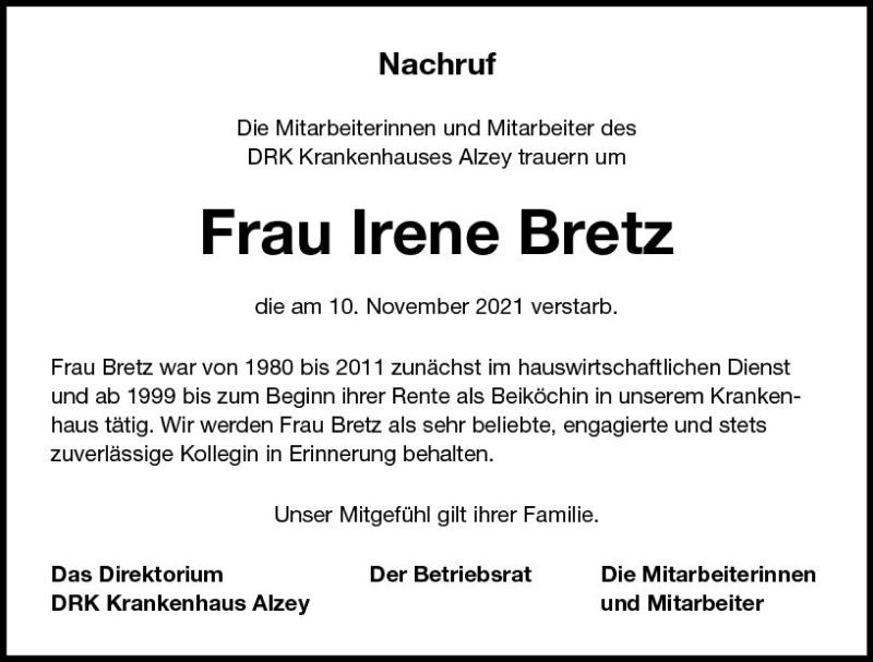  Traueranzeige für Irene Bretz vom 20.11.2021 aus vrm-trauer