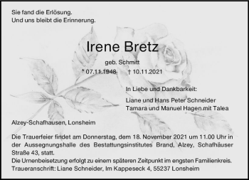 Traueranzeige von Irene Bretz von vrm-trauer