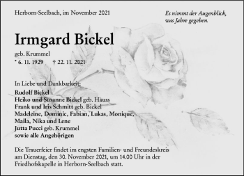 Traueranzeige von Irmgard Bickel von  Dill Block