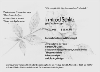 Traueranzeige von Irmtrud Schlitz von vrm-trauer