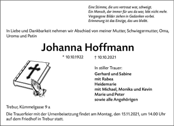 Traueranzeige von Johanna Hoffmann von vrm-trauer