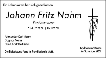 Traueranzeige von Johann Fritz Nahm von vrm-trauer