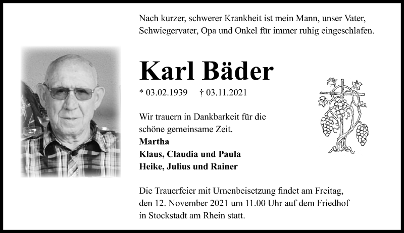  Traueranzeige für Karl Bäder vom 06.11.2021 aus vrm-trauer