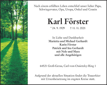 Traueranzeige von Karl Förster von vrm-trauer