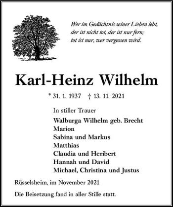 Traueranzeige von Karl-Heinz Wilhelm von vrm-trauer