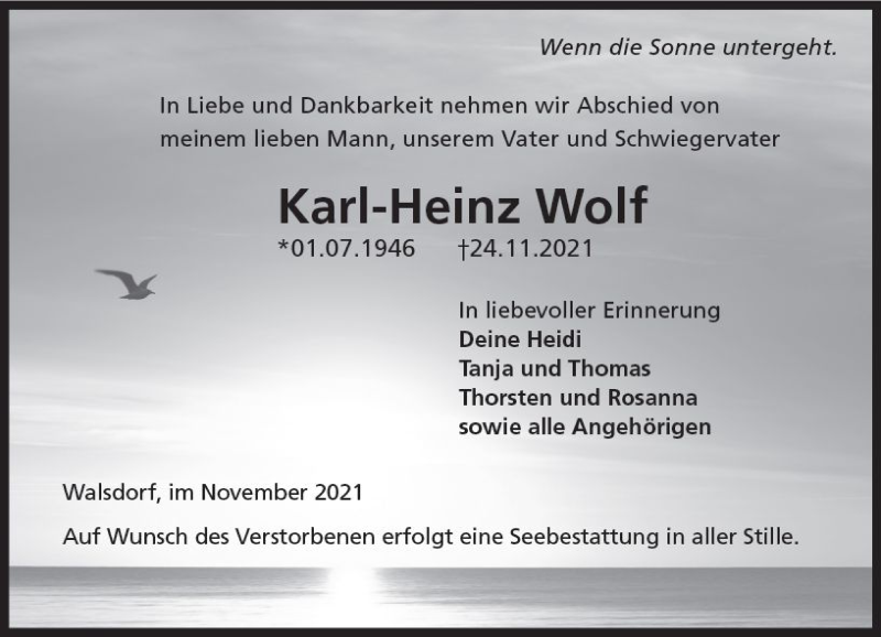 Traueranzeige für Karl-Heinz Wolf vom 27.11.2021 aus vrm-trauer