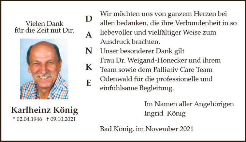  Traueranzeige für Karlheinz König vom 13.11.2021 aus vrm-trauer