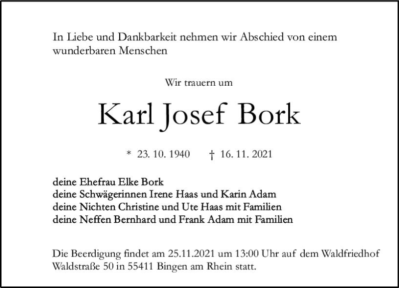  Traueranzeige für Karl Josef Bork vom 20.11.2021 aus vrm-trauer