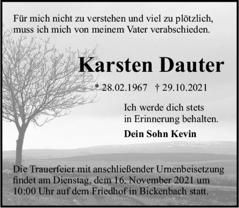  Traueranzeige für Karsten Dauter vom 13.11.2021 aus vrm-trauer