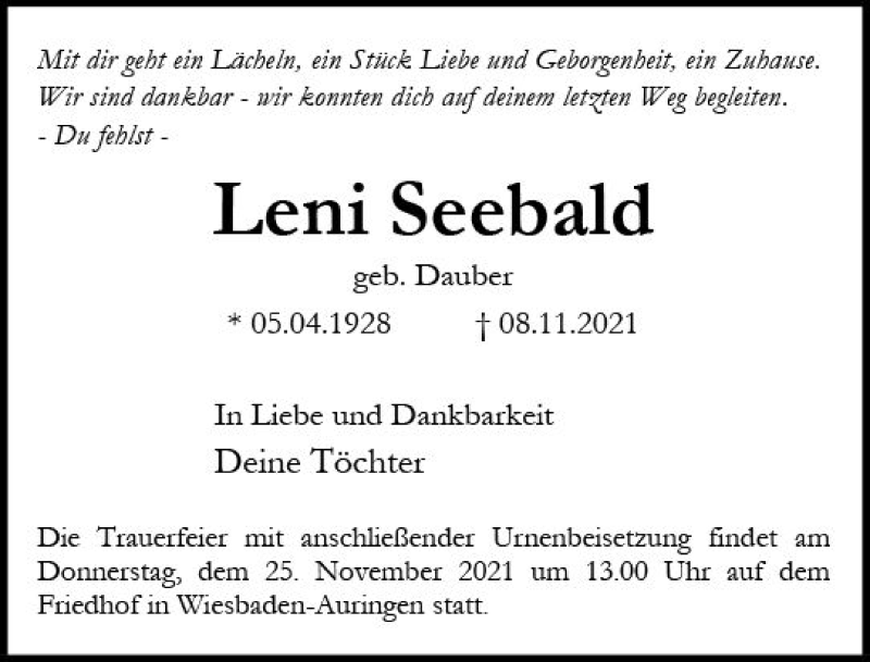  Traueranzeige für Leni Seebald vom 20.11.2021 aus vrm-trauer