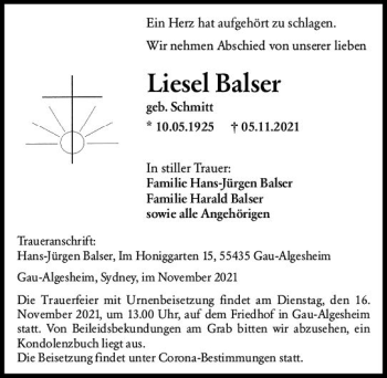 Traueranzeige von Liesel Baiser von vrm-trauer