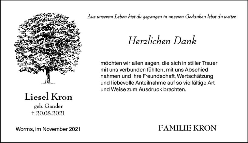  Traueranzeige für Liesel Kron vom 11.11.2021 aus vrm-trauer