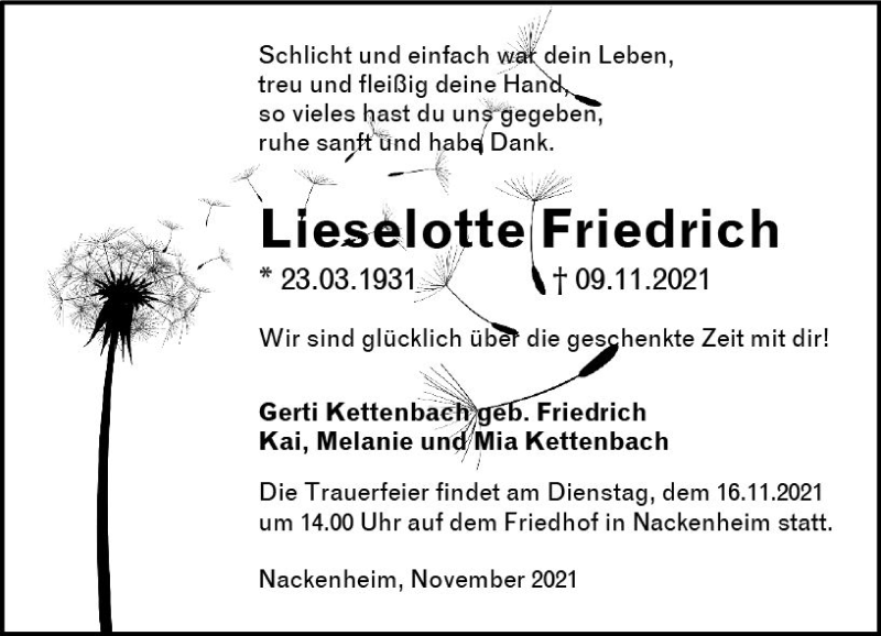  Traueranzeige für Lieselotte Friedrich vom 13.11.2021 aus vrm-trauer