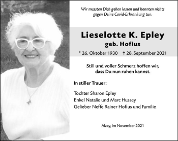 Traueranzeige von Lieselotte K. Epley von vrm-trauer