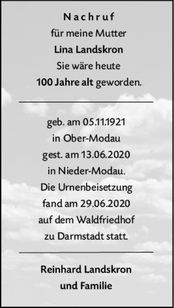 Traueranzeige für Lina Landskron vom 05.11.2021 aus vrm-trauer