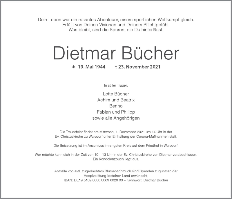  Traueranzeige für Dietmar Bücher vom 27.11.2021 aus vrm-trauer