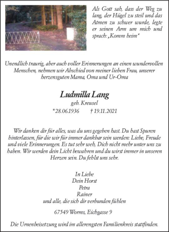 Traueranzeige von Ludmila Lang von vrm-trauer