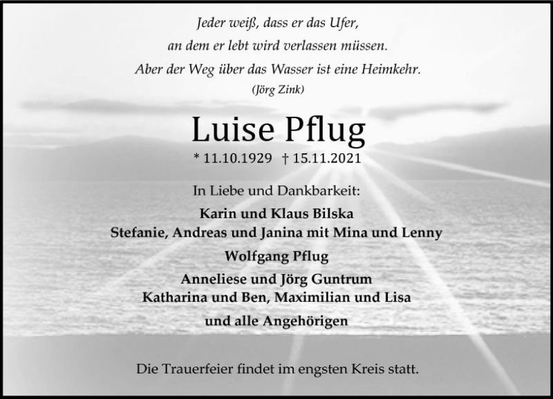  Traueranzeige für Luise Pflug vom 20.11.2021 aus vrm-trauer
