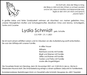 Traueranzeige von Lydia Schmidt von vrm-trauer