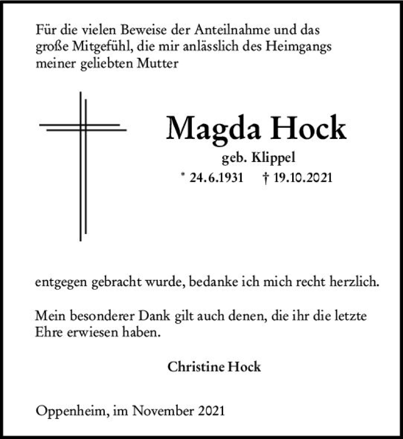  Traueranzeige für Magda Hock vom 20.11.2021 aus vrm-trauer