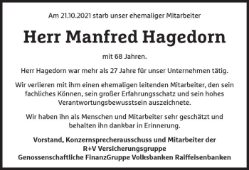 Traueranzeige von Manfred Hagedorn von vrm-trauer