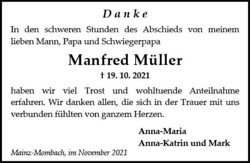  Traueranzeige für Manfred Müller vom 13.11.2021 aus vrm-trauer