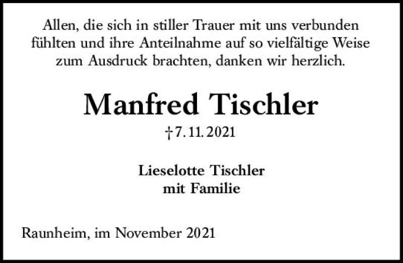  Traueranzeige für Manfred Tischler vom 27.11.2021 aus vrm-trauer