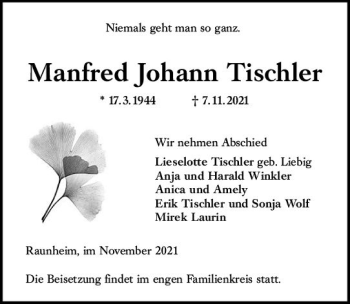 Traueranzeige von Manfred Johann Tischler von vrm-trauer