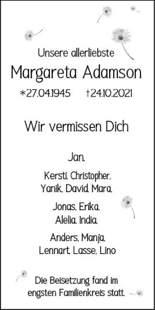  Traueranzeige für Margareta Adamson vom 13.11.2021 aus vrm-trauer