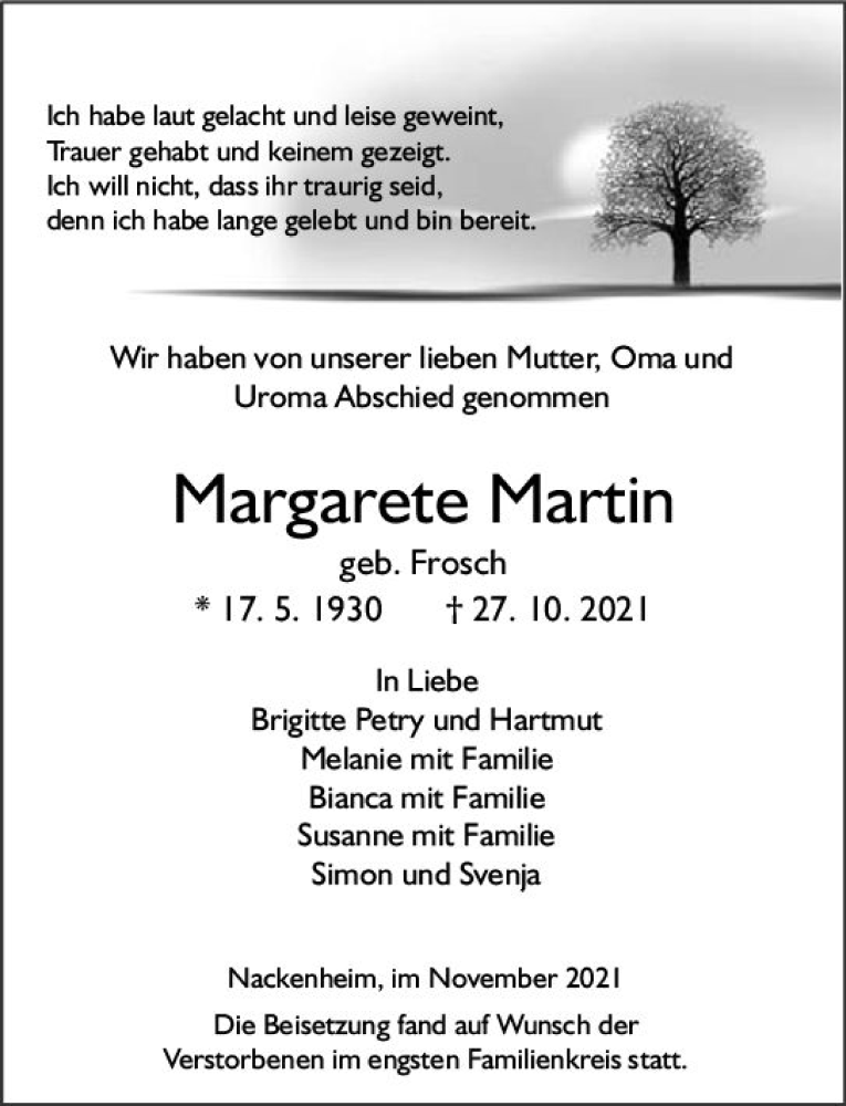  Traueranzeige für Margarete Martin vom 20.11.2021 aus vrm-trauer