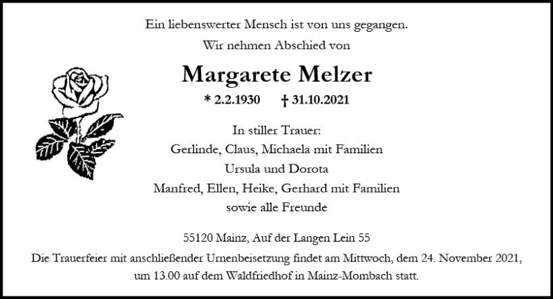  Traueranzeige für Margarete Melzer vom 20.11.2021 aus vrm-trauer