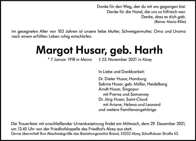  Traueranzeige für Margot Husar vom 27.11.2021 aus vrm-trauer