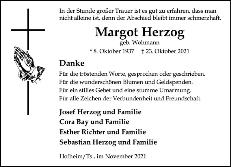  Traueranzeige für Margot Herzog vom 26.11.2021 aus vrm-trauer